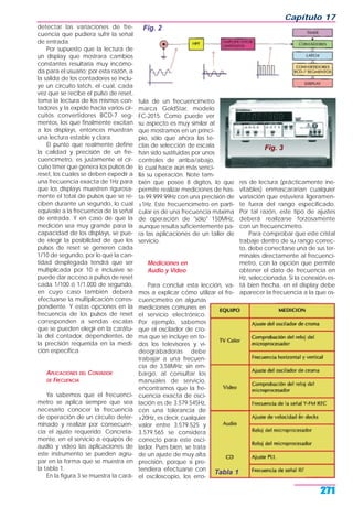 detectar las variaciones de fre-
cuencia que pudiera sufrir la señal
de entrada.
Por supuesto que la lectura de
un display que mostrara cambios
constantes resultaría muy incómo-
da para el usuario; por esta razón, a
la salida de los contadores se inclu-
ye un circuito latch, el cual, cada
vez que se recibe el pulso de reset,
toma la lectura de los mismos con-
tadores y la expide hacia varios cir-
cuitos convertidores BCD-7 seg-
mentos, los que finalmente excitan
a los displays, entonces muestran
una lectura estable y clara.
El punto que realmente define
la calidad y precisión de un fre-
cuencímetro, es justamente el cir-
cuito timer que genera los pulsos de
reset, los cuales se deben expedir a
una frecuencia exacta de 1Hz para
que los displays muestren rigurosa-
mente el total de pulsos que se re-
ciben durante un segundo, lo cual
equivale a la frecuencia de la señal
de entrada. Y en caso de que la
medición sea muy grande para la
capacidad de los displays, se pue-
de elegir la posibilidad de que los
pulsos de reset se generen cada
1/10 de segundo, por lo que la can-
tidad desplegada tendrá que ser
multiplicada por 10 e inclusive se
puede dar acceso a pulsos de reset
cada 1/100 ó 1/1.000 de segundo,
en cuyo caso también deberá
efectuarse la multiplicación corres-
pondiente. Y estas opciones en la
frecuencia de los pulsos de reset
corresponden a sendas escalas
que se pueden elegir en la carátu-
la del contador, dependientes de
la precisión requerida en la medi-
ción específica.
APLICACIONES DEL CONTADOR
DE FRECUENCIA
Ya sabemos que el frecuencí-
metro se aplica siempre que sea
necesario conocer la frecuencia
de operación de un circuito deter-
minado y realizar por consecuen-
cia el ajuste requerido. Concreta-
mente, en el servicio a equipos de
audio y video las aplicaciones de
este instrumento se pueden agru-
par en la forma que se muestra en
la tabla 1.
En la figura 3 se muestra la cará-
tula de un frecuencímetro
marca GoldStar, modelo
FC-2015. Como puede ver
su aspecto es muy similar al
que mostramos en un princi-
pio, sólo que ahora las te-
clas de selección de escala
han sido sustituidas por unos
controles de arriba/abajo,
lo cual hace aún más senci-
lla su operación. Note tam-
bién que posee 8 dígitos, lo que
permite realizar mediciones de has-
ta 99.999.99Hz con una precisión de
±1Hz. Este frecuencímetro en parti-
cular es de una frecuencia máxima
de operación de "sólo" 150MHz,
aunque resulta suficientemente pa-
ra las aplicaciones de un taller de
servicio.
Mediciones en
Audio y Video
Para concluir esta lección, va-
mos a explicar cómo utilizar el fre-
cuencímetro en algunas
mediciones comunes en
el servicio electrónico.
Por ejemplo, sabemos
que el oscilador de cro-
ma que se incluye en to-
dos los televisores y vi-
deograbadoras debe
trabajar a una frecuen-
cia de 3,58MHz; sin em-
bargo, al consultar los
manuales de servicio,
encontramos que la fre-
cuencia exacta de osci-
lación es de 3.579.545Hz,
con una tolerancia de
±20Hz, es decir, cualquier
valor entre 3.579.525 y
3.579.565 se considera
correcto para este osci-
lador. Pues bien, se trata
de un ajuste de muy alta
precisión, porque si pre-
tendiera efectuarse con
el osciloscopio, los erro-
res de lectura (prácticamente ine-
vitables) enmascararían cualquier
variación que estuviera ligeramen-
te fuera del rango especificado.
Por tal razón, este tipo de ajustes
deberá realizarse forzosamente
con un frecuencímetro.
Para comprobar que este cristal
trabaje dentro de su rango correc-
to, debe conectarse una de sus ter-
minales directamente al frecuencí-
metro, con la opción que permite
obtener el dato de frecuencia en
Hz, seleccionada. Si la conexión es-
tá bien hecha, en el display debe
aparecer la frecuencia a la que os-
Capítulo 17
271
Fig. 2
Fig. 3
Tabla 1
 