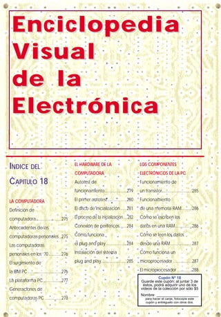 INDICE DEL
CAPITULO 18
LA COMPUTADORA
Definición de
computadora........................275
Antecedentes de las
computadoras personales ..275
Las computadoras
personales en los ‘70............276
El surgimiento de
la IBM PC................................276
La plataforma PC .................277
Generaciones de
computadoras PC................278
EL HARDWARE DE LA
COMPUTADORA
Autotest de
funcionamiento.....................279
El primer autotest..................280
El disco de inicialización......281
El proceso de la inicialización.....282
Conexión de periféricos.......284
Cómo funciona
el plug and play....................284
Instalación del sistema
plug and play........................285
LOS COMPONENTES
ELECTRÓNICOS DE LA PC
Funcionamiento de
un transistor............................285
Funcionamiento
de una memoria RAM..........286
Cómo se escriben los
datos en una RAM................286
Cómo se leen los datos
desde una RAM ....................287
Cómo funciona un
microprocesador ..................287
El microprocesador ..............288
Cupón Nº 18
Guarde este cupón: al juntar 3 de
éstos, podrá adquirir uno de los
videos de la colección por sólo $5
Nombre: ____________________
para hacer el canje, fotocopie este
cupón y entréguelo con otros dos.
EnciclopediaEnciclopedia
VVisualisual
de lade la
ElectrónicaElectrónica
 