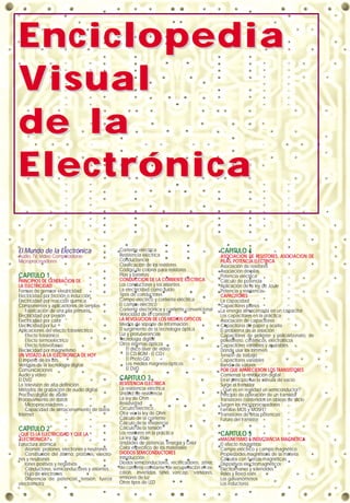 El Mundo de la Electrónica
Audio, TV, Video Computadoras
Microprocesadores
CAPITULO 1
PRINCIPIOS DE GENERACION DE
LA ELECTRICIDAD
Formas de generar electricidad
Electricidad por fricción o inducción
Electricidad por reacción química
Componentes y aplicaciones de las pilas
Fabricación de una pila primaria
Electricidad por presión
Electricidad por calor
Electricidad por luz
Aplicaciones del efecto fotoeléctrico
Efecto fotoiónico
Efecto termoeléctrico
Efecto fotovoltaico
Electricidad por magnetismo
UN VISTAZO A LA ELECTRONICA DE HOY
El imperio de los bits
Ventajas de la tecnología digital
Comunicaciones
Audio y video
El DVD
La televisión de alta definición
Métodos de grabación de audio digital
Proceso digital de audio
Procesamiento de datos
Microprocesadores
Capacidad de almacenamiento de datos
Internet
CAPITULO 2
¿QUE ES LA ELECTRICIDAD Y QUE LA
ELECTRONICA?
Estructura atómica
Atomos: protones, electrones y neutrones
Constitución del átomo: protones, electro-
nes y neutrones
Iones positivos y negativos
Conductores, semiconductores y aislantes
Flujo de electrones
Diferencia de potencial, tensión, fuerza
electromotriz
Corriente eléctrica
Resistencia eléctrica
Conductancia
Clasificación de los resistores
Código de colores para resistores
Pilas y baterías
CONDUCCION DE LA CORRIENTE ELECTRICA
Los conductores y los aislantes
La electricidad como fluido
Tipos de conductores
Campo eléctrico y corriente eléctrica
El campo eléctrico
Corriente electrónica y corriente convencional
Velocidad de la corriente
LA REVOLUCION DE LOS MEDIOS OPTICOS
Medios de soporte de información
El surgimiento de la tecnología óptica
Luz y protuberancias
Tecnología digital
Otros sistemas ópticos
El disco láser de video
El CD-ROM - El CD-I
El Photo-CD
Los medios magneto-ópticos
El DVD
CAPITULO 3
RESISTENCIA ELECTRICA
La resistencia eléctrica
Unidad de resistencia
La ley de Ohm
Resistividad
Circuito eléctrico
Otra vez la ley de Ohm
Cálculo de la corriente
Cálculo de la resistencia
Cálculo de la tensión
Los resistores en la práctica
La ley de Joule
Unidades de potencia, energía y calor
Calor específico de los materiales
DIODOS SEMICONDUCTORES
Introducción
Diodos semiconductores, rectificadores, zéner,
de corriente constante, de recuperación en es-
calón, invertidos, túnel, varicap, varistores,
emisores de luz
Otros tipos de LED
CAPITULO 4
ASOCIACION DE RESISTORES, ASOCIACION DE
PILAS, POTENCIA ELECTRICA
Asociación de resistores
Asociación de pilas
Potencia eléctrica
Cálculo de potencia
Aplicación de la ley de Joule
Potencia y resistencia
CAPACITORES
La capacidad
Capacitores planos
La energía almacenada en un capacitor
Los capacitores en la práctica
Asociación de capacitores
Capacitores de papel y aceite
El problema de la aislación
Capacitores de poliéster y policarbonato, de
poliestireno, cerámicos, electrolíticos
Capacitores variables y ajustables
Dónde usar los trimmers
Tensión de trabajo
Capacitores variables
Banda de valores
POR QUE APARECIERON LOS TRANSISTORES
Comienza la revolución digital
En el principio fue la válvula de vacío
Surge el transistor
¿Qué es en realidad un semiconductor?
Principio de operación de un transistor
Transistores contenidos en obleas de silicio
Surgen los microprocesadores
Familias MOS y MOSFET
Transistores de altas potencias
Futuro del transistor
CAPITULO 5
MAGNETISMO E INDUCTANCIA MAGNETICA
El efecto magnético
Campo eléctrico y campo magnético
Propiedades magnéticas de la materia
Cálculos con fuerzas magnéticas
Dispositivos electromagnéticos
Electroimanes y solenoides
Relés y Reed-relés
Los galvanómetros
Los inductores
EnciclopediaEnciclopedia
VVisualisual
de lade la
ElectrónicaElectrónica
 