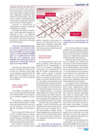estimula una línea de dirección a
la que un transistor está conecta-
do, el pulso fluye a través del tran-
sistor conectado y carga un capa-
citor (dispositivo electrónico que
almacena electricidad). Este pro-
ceso se repite continuamente pa-
ra renovar la carga del capacitor,
caso contrario se descargaría.
Cuando se desconecta la
computadora, todos los capacito-
res pierden sus cargas.
A lo largo de la línea de direc-
ción, cada capacitor cargado re-
presenta un bit 1. Un capacitor
descargado representa un bit 0. La
PC usa bits 1 y 0 como números bi-
narios para almacenar y manejar
las informaciones.
Como una computadora traba-
ja solamente con números bina-
rios, una A mayúscula se almace-
nará en la RAM y en el disco rígido
como el número binario 01000001
(que es la codificación de dicha
letra A). La B mayúscula como
01000010. Esto ilustra que la letra A
mayúscula se almacena como un
byte en un chip de RAM.
El primero de estos ocho capa-
citores a lo largo de la línea de di-
rección no contiene carga algu-
na, el segundo capacitor está car-
gado, los cinco siguientes no tie-
nen carga y el octavo capacitor
está cargado.
COMO SE LEEN LOS DATOS
DESDE UNA RAM
En la figura 3 se grafica la for-
ma en que se leen los datos desde
una memoria RAM. Para tal proce-
so, se cumple la siguiente secuen-
cia:
1) Cuando el software debe
leer datos almacenados en RAM,
envía otro pulso eléctrico por la lí-
nea de dirección, una vez cerra-
dos los transistores conectados a
ella.
2) A lo largo de la línea de di-
rección, cuando haya un capaci-
tor cargado, se descargará a tra-
vés del circuito creado por los tran-
sistores cerrados y enviará pulsos
eléctricos por las líneas de datos.
3) El software reconoce las lí-
neas de datos; en las que vienen
pulsos, interpreta cada pulso co-
mo un 1 y en las que no se ha en-
viado pulso, interpreta cada falta
como un 0. La combinación de 1 y
0 de estas líneas de datos forma un
único byte de datos.
COMO FUNCIONA UN
MICROPROCESADOR
El microprocesador que com-
pone la unidad central de proce-
samiento de la computadora, o
CPU, es su cerebro, su mensajero,
su maestro y su comandante. To-
dos los demás componentes (la
RAM, el disco rígido, el monitor,
etc.) están solamente para esta-
blecer el contacto entre el proce-
sador y el usuario. Reciben sus da-
tos, los pasan al procesador para
su manipulación y luego se presen-
tan los resultados. En la mayoría de
las PC actuales, la CPU no es el úni-
co microprocesador ya que exis-
ten coprocesadores en placas
aceleradoras de video para Win-
dows y placas de sonido, que pre-
paran los datos que se deben mos-
trar y los datos de sonido para ali-
viar a la CPU de parte de su carga.
También hay procesadores es-
peciales, como los del interior del
teclado, que tratan señales proce-
dentes de una secuencia de te-
clas presionadas, realizan tareas
especializadas para abastecer de
datos a la CPU u obtenerlos desde
ella, etc. En esta nota, veremos co-
mo realmente funciona el micro-
procesador.
El procesador de alto desem-
peño comúnmente utilizado en la
actualidad es el chip Pentium (la
versión III es la más empleada) de
Intel.
En un chip de silicio de aproxi-
madamente una pulgada cuadra-
da (un cuadrado de aproximada-
mente 2,5cm de lado), el Pentium
encierra 3,1 millones de transistores
o diminutas llaves electrónicas.
Todas las operaciones del Pen-
tium se realizan por señales que
conectan o desconectan diferen-
tes combinaciones de estas llaves.
En las computadoras, los transisto-
res se usan para representar “0” y
“1”, los dos números que pertene-
cen al sistema de numeración bi-
naria. Estos 0 y 1 se conocen co-
múnmente como bits. Varios gru-
pos de estos transistores forman los
subcomponentes del Pentium.
La mayoría de los componen-
tes del Pentium están proyectados
para mover rápidamente datos
dentro y fuera del chip y asegurar
que las partes del Pentium no que-
den inactivas porque aguardan
más datos o instrucciones. Estos
componentes reciben el flujo de
datos y de instrucciones para el
procesador, interpretan las instruc-
ciones de manera que el procesa-
dor pueda ejecutarlas y devuel-
ven los resultados a la memoria de
la PC.
Lo ideal es que el procesador
ejecute una instrucción con cada
oscilación de reloj del computa-
dor, que regula la velocidad con
que el sistema funciona.
El Pentium ostenta evoluciones,
comparado con su antecesor, el
procesador 80486 de Intel, que ga-
rantizan que los movimientos de
Capítulo 18
287
Figura 3
 