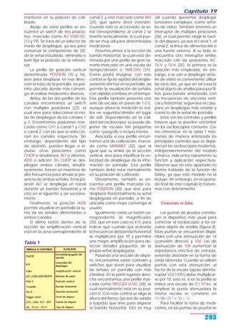 mantener en su posicion de cali-
brado.
Abajo de estas perillas se en-
cuentra un switch de tres posicio-
nes, marcado como AC-GND-DC
(13 y 19). Se trata de un selector de
modo de despliegue, ya sea para
conservar la componente de DC
de la señal estudiada, eliminarla o
bien fijar la posición de la referen-
cia.
La perilla de posición vertical
denominada POSITION (10 y 16),
sirve para desplazar en esa direc-
ción el trazo de la pantalla, así per-
mite ubicarlo donde más conven-
ga al realizar mediciones diversas.
Arriba de las dos perillas de los
canales encontramos un switch
con múltiples posiciones (22), el
cual sirve para seleccionar el mo-
do de despliegue de los canales 1
y 2. Encontramos posiciones mar-
cadas como CH1 o canal 1 y CH2
o canal 2, con las que se seleccio-
nan los canales respectivos. Sin
embargo, dependiente del tipo
de aparato, pueden llegar a in-
cluirse otras posiciones como
CHOP o simultáneo, ALT o alternos,
ADD o adición. En CHOP se des-
pliegan ambos canales, simultá-
neamente, hacen un muestreo de
alta frecuencia para simular la pre-
sencia de ambas señales. En la po-
sición ALT se despliega un canal
durante un barrido horizontal y el
otro en el siguiente y así sucesiva-
mente.
Finalmente, la posición ADD
permite visualizar en pantalla la su-
ma de las señales alimentadas a
ambos canales.
El último botón dentro de la
sección de amplificación vertical
está en la zona correspondiente al
canal 2, y está marcado como INV
(23), que quiere decir inversión.
Cuando éste es accionado, la se-
ñal correspondiente al canal 2 se
invierte verticalmente, lo cual pue-
de ser muy útil para determinadas
mediciones.
Pasemos ahora a la sección de
barrido horizontal, la cual está do-
minada por una perilla de gran ta-
maño marcada en una escala de
tiempo/división o TIME/DIV (31).
Como podrá imaginar, con este
control se fija la rapidez del despla-
zamiento del haz en la pantalla, así
permite la visualización de señales
con rápidos cambios en el tiempo.
Esta perilla también presenta una
serie de escalas en pasos de 1-2-5,
aunque ahora la medición se rea-
liza en segundos/división en lugar
de volt. Dependiendo de la cali-
dad del osciloscopio, se puede dis-
poner de escalas tan pequeñas
como 1µseg/div o incluso menos.
Asociada a esa perilla encon-
tramos una de calibración, marca-
da como VARIABLE (32), que al
igual que su similar de la sección
vertical, sirve para modificar la ve-
locidad de despliegue de la infor-
mación en pantalla. Esta perilla
también debe estar normalmente
en su posición de calibrado.
Obviamente, también se en-
cuentra una perilla marcada co-
mo POSITION (30), que sirve para
desplazar horizontalmente la señal
desplegada en pantalla, a fin de
ubicarla como mejor convenga al
usuario.
Igualmente, existe un botón co-
rrespondiente al magnificador
(33), que en este caso es X10, para
indicar que cuando sea activada
la frecuencia del barrido horizontal
se multiplicará por 10 y permitirá
una mayor amplificación para de-
tectar detalles pequeños de la
propia señal desplegada.
Pasando a la sección de dispa-
ro, encontramos varios controles y
switches que sirven para visualizar
las señales en pantalla con más
claridad. En la parte superior dere-
cha encontramos una perilla mar-
cada como TRIGGER LEVEL (28), la
cual normalmente está en su posi-
ción 0. Con este control se elige la
altura del flanco (ya sea de subida
o bajada) que sirve para disparar
el barrido horizontal. Esto es muy
útil cuando queremos desplegar
funciones complejas, como seña-
les de video. También tenemos un
interruptor de múltiples posiciones
(26), el cual permite elegir la fuen-
te del disparo, ya sea el canal 1, el
canal 2, la línea de alimentación o
una fuente externa. A su lado se
encuentra otro interruptor similar,
marcado con las posiciones AC,
TV-V y TV-H (25); la primera es la
posición más empleada, sin em-
bargo, si se van a desplegar seña-
les de video es conveniente utilizar
las otras dos, ya que en tal caso la
señal objeto de análisis pasa por fil-
tros paso-banda sintonizado con
las frecuencias de sincronía verti-
cal u horizontal, según sea el caso,
para un despliegue más estable y
correcto de la señal de pantalla.
Estos son los controles y perillas
básicos que se pueden encontrar
en los osciloscopios comunes. Co-
mo referencia, en la tabla 1 mos-
tramos de manera sintetizada los
principales controles que se dispo-
nen en los osciloscopios modernos,
independientemente del modelo
y marca, indicamos claramente su
función y aplicación respectivas.
Observe que en este apartado no
hemos hablado de la función de
Delay, ya que este modelo no la
incluye. Sin embargo, en el aparta-
do final de este capítulo lo tratare-
mos con detenimiento.
CONEXIONES DE SEÑAL
Las puntas de prueba constitu-
yen el dispositivo más usual para
conectar el osciloscopio a los cir-
cuitos objeto de análisis (figura 8).
Estas puntas se encuentran dispo-
nibles con una atenuación de 1X
(conexión directa) y 10X. Las de
atenuación de 10X aumentan la
impedancia efectiva de entrada,
evitando distorsión en la forma de
onda obtenida. Cuando se utilizan
puntas con esta atenuación, el
factor de la escala (ajuste del inte-
rruptor VOLT/DIV) debe multiplicar-
se por 10, esto es, si en la perilla se
indica una escala de 0.1 V/div, al
emplear la punta atenuadora la
misma escala se convierte en
1V/div (0.1 x 10 = 1).
Para facilitar la toma de medi-
ciones, en las puntas de prueba se
Capítulo 19
293
Tabla 1
 