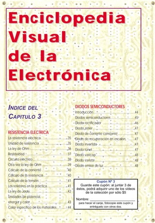 EnciclopediaEnciclopedia
VVisualisual
de lade la
ElectrónicaElectrónica
INDICE DEL
CAPITULO 3
RESISTENCIA ELECTRICA
La resistencia eléctrica.................................35
Unidad de resistencia ...................................35
La ley de Ohm ...............................................36
Resistividad.....................................................37
Circuito eléctrico...........................................38
Otra vez la ley de Ohm ................................39
Cálculo de la corriente ................................40
Cálculo de la resistencia..............................40
Cálculo de la tensión....................................41
Los resistores en la práctica .........................41
La ley de Joule...............................................42
Unidades de potencia,
energía y calor...............................................43
Calor específico de los materiales..............44
DIODOS SEMICONDUCTORES
Introducción...................................................44
Diodos semiconductores..............................45
Diodo rectificador .......................................46
Diodo zéner....................................................47
Diodo de corriente constante.....................47
Diodo de recuperación en escalón, .........47
Diodo invertido .............................................47
Diodo túnel.....................................................47
Diodo varicap................................................48
Diodo varistor .................................................48
Diodo emisor de luz.......................................48
Cupón Nº 3
Guarde este cupón: al juntar 3 de
éstos, podrá adquirir uno de los videos
de la colección por sólo $5
Nombre: ________________________
para hacer el canje, fotocopie este cupón y
entréguelo con otros dos.
 