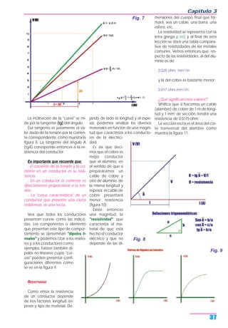 La inclinación de la "curva" se mi-
de por la tangente (tg) del ángulo.
Esa tangente es justamente el va-
lor dado de la tensión por la corrien-
te correspondiente, como muestra la
figura 8. La tangente del ángulo A
(tgA) corresponde entonces a la re-
sistencia del conductor.
Es importante que recuerde que:
- El cociente de la tensión y la co-
rriente en un conductor es su resis-
tencia.
- En un conductor la corriente es
directamente proporcional a la ten-
sión.
- La "curva característica" de un
conductor que presente una cierta
resistencia, es una recta.
Vea que todos los conductores
presentan curvas como las indica-
das. Los componentes o elemento
que presentan este tipo de compor-
tamiento se denominan "dipolos li-
neales" y podemos citar a los resisto-
res y a los conductores como
ejemplos. Existen también di-
polos no lineares cuyas "cur-
vas" pueden presentar confi-
guraciones diferentes como
se ve en la figura 9.
RESISTIVIDAD
Como vimos la resistencia
de un conductor depende
de tres factores: longitud, es-
pesor y tipo de material. De-
jando de lado la longitud y el espe-
sor, podemos analizar los diversos
materiales en función de una magni-
tud que caracteriza a los conducto-
res de la electrici-
dad.
Es así que deci-
mos que el cobre es
mejor conductor
que el aluminio, en
el sentido de que si
preparáramos un
cable de cobre y
otro de aluminio, de
la misma longitud y
espesor, el cable de
cobre presentará
menor resistencia
(figura 10).
Existe entonces
una magnitud, la
"resistividad" que
caracteriza el ma-
terial de que está
hecho el conductor
eléctrico y que no
depende de las di-
mensiones del cuerpo final que for-
mará, sea un cable, una barra, una
esfera, etc.
La resistividad se representa con la
letra griega ρ (ro) y al final de esta
lección se dará una tabla compara-
tiva de resistividades de los metales
comunes. Vemos entonces que, res-
pecto de las resistividades, al del alu-
minio es de:
0,028 ohm. mm2
/m
y la del cobre es bastante menor:
0,017 ohm.mm2
/m
¿Qué significan esos valores?
Sifnifica que si hacemos un cable
(alambre) de cobre de 1 m de longi-
tud y 1 mm2
de sección, tendrá una
resistencia de 0,0175 ohm.
La sección recta es el área del cor-
te transversal del alambre como
muestra la figura 11.
Capítulo 3
37
Fig. 7
Fig. 8
Fig. 9
 