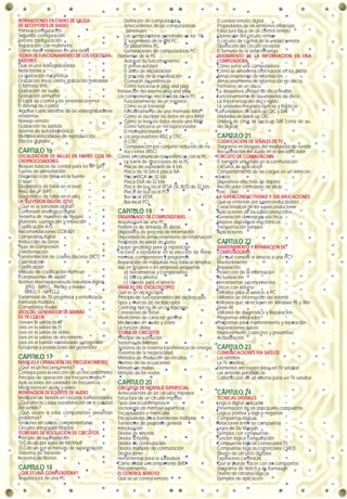 REPARACIONES EN ETAPAS DE SALIDA
DE RECEPTORES DE RADIO
Primera configuración
Segunda configuración
Tercera configuración
Reparación con multímetro
Cómo medir tensiones en una radio
TEORIA DE FUNCIONAMIENTO DE LOS VIDEOGRA-
BADORES
Qué es una videograbadora
Nota histórica
La grabación magnética
Grabación lineal contra grabación helicoidal
El formato VHS
Grabación de audio
Grabación azimuthal
El track de control y los servomecanismos
El sistema de control
Algunas características de las videograbadoras
modernas
Manejo remoto
Grabación no asistida
Sistema de autodiagnóstico
Múltiples velocidades de reproducción
Efectos digitales
CAPITULO 16
LOCALIZACION DE FALLAS EN ETAPAS CON MI-
CROPROCESADORES
Bloques básicos de control para los MP (µP)
Fuente de alimentación
Diagnóstico de fallas en la fuente
El reset
Diagnóstico de fallas en el reset
Reloj del µP (MP)
Diagnóstico de fallas en el reloj
LA TELEVISION DIGITAL (DTV)
¿Qué es la televisión digital?
Conversión analógico/digital
Teorema de muestreo de Nyquist
Muestreo, cuatización y resolución
Codificación A/D
Recomendaciones CCIR-601
Compresión digital
Reducción de datos
Tipos de compresión
Transformación
Transformación de coseno discreta (DCT)
Cuantización
Codificación
Método de codificación Huffman
Compresiones de audio
Normas internacionales de televisión digital
JPEG - MPEG - Perfiles y niveles
MPEG-1 - MPEG-2
Transmisión de TV progresiva y entrelazada
Formatos múltiples
Comentarios finales
USOS DEL GENERADOR DE BARRAS
DE TV COLOR
Usos en la salida de RF
Usos en la salida de FI
Usos en la salida de video
Usos en la salidas de sincronismo
Usos en el barrido entrelazado y progresivo
Funciones y prestaciones del generador
CAPITULO 17
MANEJO Y OPERACION DEL FRECUENCIMETRO
¿Qué es un frecuencímetro?
Consejos para la elección de un frecuencímetro
Principio de operación del frecuencímetro
Aplicaciones del contador de frecuencia
Mediciones en audio y video
REPARACION DE EQUIPOS DE AUDIO
Medición de tensión en circuitos transistorizados
¿Qué efecto causa esa alteración en la calidad
del sonido?
¿Qué ocurre si estos componentes presentan
problemas?
Tensiones en salidas complementarias
Circuitos integrados híbridos
TEOREMAS DE RESOLUCION DE CIRCUITOS
Principio de superposición
1) Cálculo por leyes de Kirchhoff
2) Cálculo por el método de superposición
Teorema de Thevenin
Teorema de Norton
CAPITULO 18
¿QUE ES UNA COMPUTADORA?
Arquitectura de una PC
Definición de computadora
Antecedentes de las computadoras
personales
Las computadoras personales en los ‘70
El surgimiento de la IBM PC
La plataforma PC
Generaciones de computadoras PC
Elementos de la PC
Autotest de funcionamiento
El primer autotest
El disco de inicialización
El proceso de la inicialización
Conexión de periféricos
Cómo funciona el plug and play
Instalación del sistema plug and play
Los componentes electrónicos de la PC
Funcionamiento de un transistor
Cómo es el transistor
Funcionamiento de una memoria RAM
Cómo se escriben los datos en una RAM
Cómo se leen los datos desde una RAM
Cómo funciona un microprocesador
El microprocesador
Los procesadores RISC y CISC
El CISC
Computación por conjunto reducido de ins-
trucciones (RISC)
Cómo se comunican los periféricos con la PC
La barra de direcciones de la PC
Placas de expansión de 8 bits
Placa de 16 bits o placa ISA
Placa MCA de 32 bits
Placa EISA de 32 bits
Placa de bus local VESA (VL-BUS) de 32 bits
Placa de bus local PCI
Bus local VESA
Bus local PCI
CAPITULO 19
ENSAMBLADO DE COMPUTADORAS
Arquitectura de una PC
Periféricos de entrada de datos
Dispositivos de proceso de información
Dispositivos de almacenamiento de información
Periféricos de salida de datos
Equipo necesario para la reparación
Factores a considerar en la elección de herra-
mientas, componentes y programas
Reparación de máquinas muy básicas emplea-
das en hogares o en empresas pequeñas
a) Herramientas y componentes
b) Discos sistema
c) Utilerías para el servicio
MANEJO DEL OSCILOSCOPIO
Qué es un osciloscopio
Principio de funcionamiento del osciloscopio
Tipos y marcas de osciloscopios
Controles típicos de un osciloscopio
Conexiones de señal
Mediciones de carácter general
Mediciones en audio y video
La función delay
TEORIA DE CIRCUITOS
Principio de sustitución
Teorema de Millman
Teorema de la máxima transferencia de energía
Teorema de la reciprocidad
Métodos de resolución de circuitos
Planteo de las ecuaciones
Método de mallas
Método de los nodos
CAPITULO 20
CIRCUITOS DE MONTAJE SUPERFICIAL
Antecedentes de los circuitos impresos
Estructura de un circuito impreso
Tipos de circuito impreso
Tecnología de montaje superficial
Encapsulados y matrículas
Encapsulados para transistores múltiples
Transistores de propósito general
Introducción
Diodos de sintonía
Diodos Schottky
Diodos de conmutación
Diodos múltiples de conmutación
Diodos zéner
Herramientas para la soldadura
Cómo soldar un componente SMD
Procedimiento
EL CONTROL REMOTO
Qué es un control remoto
El control remoto digital
Propiedades de las emisiones infrarrojas
Estructura física de un control remoto
Operación del circuito emisor
El circuito de control de la unidad remota
Operación del circuito receptor
El formato de la señal infrarroja
TRATAMIENTO DE LA INFORMACION EN UNA
COMPUTADORA
Cómo suma una computadora
Cómo se almacena información en los discos
Almacenamiento de información
Almacenamiento de información en discos
Formateo de un disco
La disquetera unidad de disco flexible
Funcionamiento de las unidades de disco
La importancia del disco rígido
La unidades magneto-ópticas y flópticas
Las unidades de back-up QIC y DAT
Unidades de back-up QIC
Unidad de cinta de back-up DAT (cinta de au-
dio digital)
CAPITULO 21
CODIFICACION DE SEÑALES DE TV
Diagrama en bloques del modulador de sonido
Recuperación del audio en el decodificador
CIRCUITO DE CONMUTACION
El transistor unijuntura en la conmutación
Circuitos de aplicación
Comportamiento de las cargas en un semicon-
ductor
Dispositivos efectivos de disparo
Rectificador controlado de silicio
Triac - Diac
LA SUPERCONDUCTIVIDAD Y SUS APLICACIONES
Qué se entiende por superconductividad
Características de los superconductores
Aplicaciones de los superconductores
Generación de energía eléctrica
Mejores dispositivos electrónicos
Transportación terrestre
Aplicaciones
CAPITULO 22
MANTENIMIENTO Y REPARACION DE
COMPUTADORAS
¿En qué consiste el servicio a una PC?
Mantenimiento
Reparación
Protección de la información
Actualización
Herramientas y componentes
Discos con sistema
Utilitarios para el servicio a PC
Utilitarios de información del sistema
Utilitarios que se incluyen en Windows 95 y Win-
dows 98
Utilitarios de diagnóstico y Reparación
Programas integrados
Programas para mantenimiento y reparación
Reparaciones típicas
Mantenimiento correctivo y preventivo
Actualización
CAPITULO 23
COMUNICACIONES VIA SATELITE
Los satélites
La TV satelital
Elementos necesarios para ver TV satelital
Las antenas parabólicas
Construcción de un sistema para ver TV satelital
CAPITULO 24
TECNICAS DIGITALES
Lógica digital aplicada
Presentación de las principales compuertas
Lógica positiva y lógica negativa
Compuertas lógicas
Relaciones entre las compuertas
Leyes de De Morgan
Ejemplos con compuertas
Función lógica comparación
Compuertas lógicas comerciales TTL
Compuertas lógicas comerciales CMOS
Diseño de circuitos digitales
Expresiones canónicas
Qué se puede hacer con las compuertas
Diagrama de Veitch y de Karnaugh
Diseño de circuitos lógicos
Ejemplos de aplicación
 