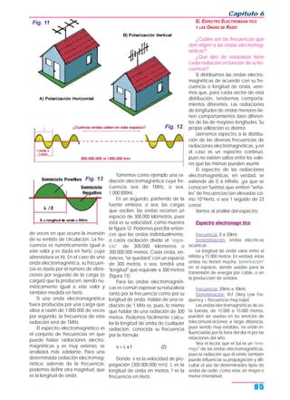 de veces en que ocurre la inversión
de su sentido de circulación. La fre-
cuencia es numéricamente igual a
este valor y es dada en hertz, cuya
abreviatura es Hz. En el caso de una
onda electromagnética, su frecuen-
cia es dada por el número de vibra-
ciones por segundo de la carga (o
cargas) que la producen, siendo nu-
méricamente igual a este valor y
también medida en hertz.
Si una onda electromagnética
fuera producida por una carga que
vibra a razón de 1.000.000 de veces
por segundo, la frecuencia de esta
radiación será de 1MHz.
El espectro electromagnético es
el conjunto de frecuencias en que
puede haber radiaciones electro-
magnéticas y es muy extenso, se
analizará más adelante. Para una
determinada radiación electromag-
nética, además de la frecuencia,
podemos definir otra magnitud, que
es la longitud de onda.
Tomemos como ejemplo una ra-
diación electromagnética cuya fre-
cuencia sea de 1MHz, o sea,
1.000.000Hz.
En un segundo, partiendo de la
fuente emisora, o sea, las cargas
que oscilan, las ondas recorren un
espacio de 300.000 kilómetros, pues
ésta es su velocidad, como muestra
la figura 12. Podemos percibir enton-
ces que las ondas individualmente,
o cada oscilación divide el “espa-
cio” de 300.000 kilómetros o
300.000.000 metros. Cada onda, en-
tonces, "se quedará" con un espacio
de 300 metros, o sea, tendrá una
"longitud" que equivale a 300 metros
(figura 13).
Para las ondas electromagnéti-
cas es común expresar su naturaleza
tanto por la frecuencia como por su
longitud de onda. Hablar de una ra-
diación de 1 MHz es, pues, lo mismo
que hablar de una radiación de 300
metros. Podemos fácilmente calcu-
lar la longitud de onda de cualquier
radiación, conocida su frecuencia
por la fórmula:
v = L x f (2)
Donde: v es la velocidad de pro-
pagación (300.000.000 m/s); L es la
longitud de onda en metros; f es la
frecuencia en Hertz.
EL ESPECTRO ELECTROMAGN TICO
Y LAS ONDAS DE RADIO
¿Cuáles son las frecuencias que
dan origen a las ondas electromag-
néticas?
¿Qué tipo de naturaleza tiene
cada radiación en función de su fre-
cuencia?
Si distribuimos las ondas electro-
magnéticas de acuerdo con su fre-
cuencia o longitud de onda, vere-
mos que, para cada sector de esta
distribución, tendremos comporta-
mientos diferentes. Las radiaciones
de longitudes de ondas menores tie-
nen comportamientos bien diferen-
tes de las de mayores longitudes. Su
propia utilización es distinta.
Llamamos espectro a la distribu-
ción de las diversas frecuencias de
radiaciones electromagnéticas, y en
el caso es un espectro continuo,
pues no existen saltos entre los valo-
res que las mismas pueden asumir.
El espectro de las radiaciones
electromagnéticas, en verdad, se
extiende de 0 a infinito, ¡ya que se
conocen fuentes que emiten "seña-
les" de frecuencias tan elevadas co-
mo 1023
Hertz, o sea 1 seguido de 23
ceros!
Vamos al análisis del espectro:
Espectro electromagn tico
Frecuencia: 0 a 20kHz
Denominación: ondas eléctricas
acústicas
La longitud de onda varía entre el
infinito y 15.000 metros. En verdad, estas
ondas no tienen mucha "penetración"
en el espacio, siendo usadas para la
transmisión de energía por cable, o en
la producción de sonidos.
Frecuencia: 20kHz a 30kHz
Denominación: VLF (Very Low Fre-
quency = frecuencia muy baja)
Las ondas electromagnéticas de es-
ta banda, de 15.000 a 10.000 metros,
pueden ser usadas en los servicios de
telecomunicaciones a larga distancia,
pues siendo muy estables, no están in-
fluenciadas por la hora del día ni por las
estaciones del año.
Vea el lector que el Sol es un "ene-
migo" de las ondas electromagnéticas,
pues la radiación que él emite también
puede influenciar su propagación y difi-
cultar el uso de determinados tipos de
ondas de radio, como ésta, en mayor o
menor intensidad.
Capítulo 6
85
Fig. 11
Fig. 12
Fig. 13
 