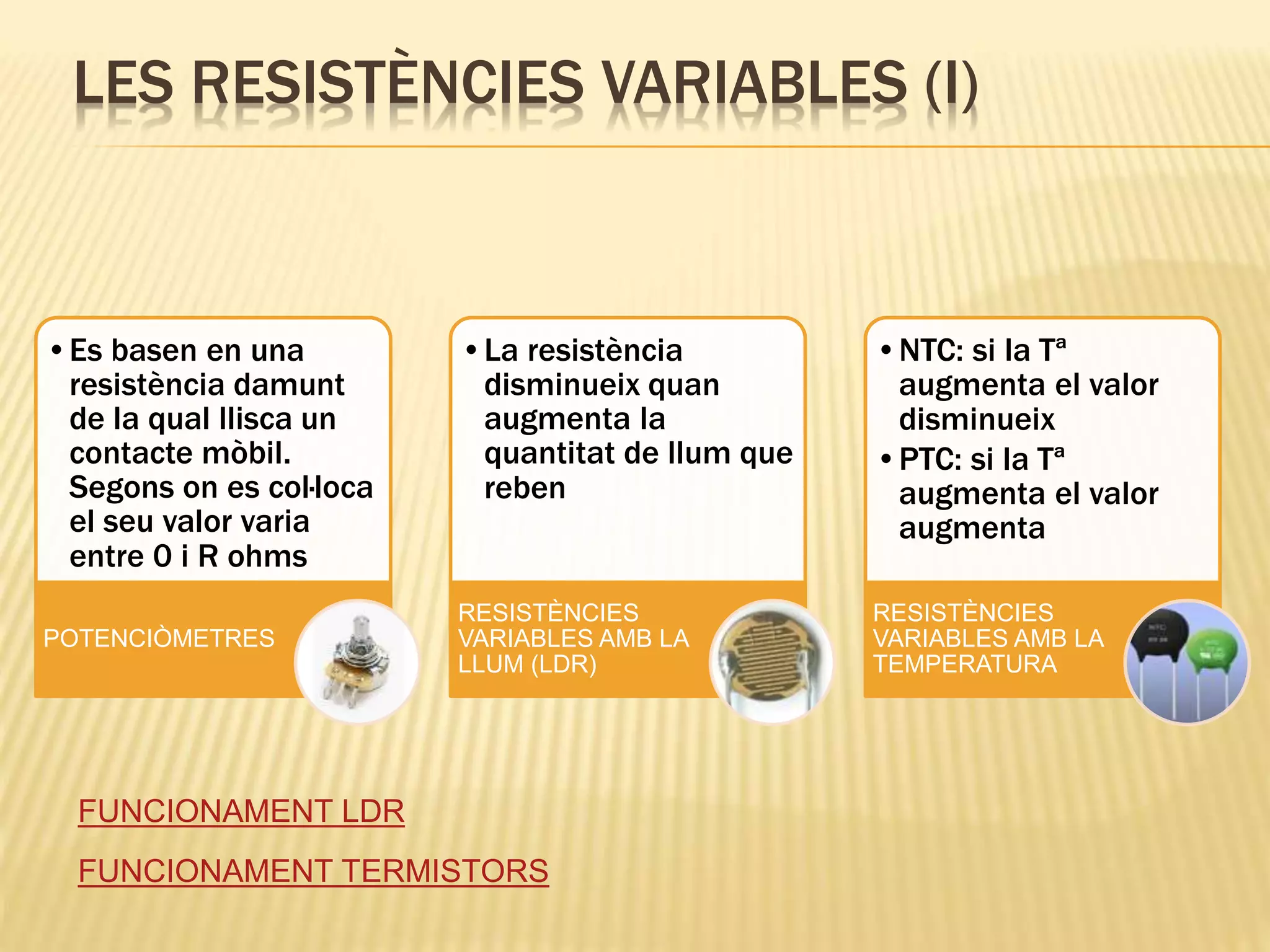 LES RESISTÈNCIES VARIABLES (I)
•Es basen en una
resistència damunt
de la qual llisca un
contacte mòbil.
Segons on es col·loca
el seu valor varia
entre 0 i R ohms
POTENCIÒMETRES
•La resistència
disminueix quan
augmenta la
quantitat de llum que
reben
RESISTÈNCIES
VARIABLES AMB LA
LLUM (LDR)
•NTC: si la Tª
augmenta el valor
disminueix
•PTC: si la Tª
augmenta el valor
augmenta
RESISTÈNCIES
VARIABLES AMB LA
TEMPERATURA
FUNCIONAMENT LDR
FUNCIONAMENT TERMISTORS
 