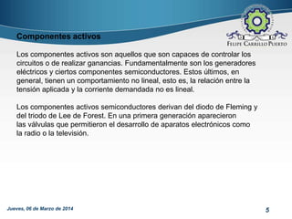 Componentes activos
Los componentes activos son aquellos que son capaces de controlar los
circuitos o de realizar ganancias. Fundamentalmente son los generadores
eléctricos y ciertos componentes semiconductores. Estos últimos, en
general, tienen un comportamiento no lineal, esto es, la relación entre la
tensión aplicada y la corriente demandada no es lineal.
Los componentes activos semiconductores derivan del diodo de Fleming y
del triodo de Lee de Forest. En una primera generación aparecieron
las válvulas que permitieron el desarrollo de aparatos electrónicos como
la radio o la televisión.

Jueves, 06 de Marzo de 2014

5

 