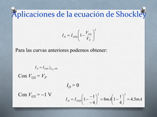 Aplicaciones de la ecuación de Shockley
V
V
DSS
D GS
I
I 0
| 

2
1 









P
GS
DSS
D
V
V
I
I
Para las curvas anteriores podemos obtener:
Con VGS = VP
ID = 0
Con VGS = 1 V
mA
mA
I
I DSS
D 5
.
4
4
1
1
8
4
1
1
2
2



















 