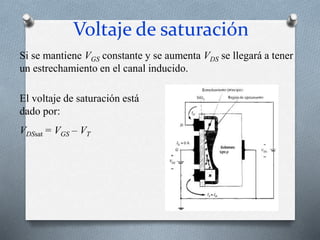 Voltaje de saturación
Si se mantiene VGS constante y se aumenta VDS se llegará a tener
un estrechamiento en el canal inducido.
El voltaje de saturación está
dado por:
VDSsat = VGS – VT
 