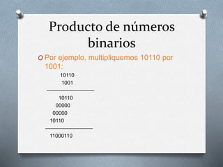 Producto de números
binarios
O Por ejemplo, multipliquemos 10110 por
1001:
10110
1001
—————————
10110
00000
00000
10110
—————————
11000110
 