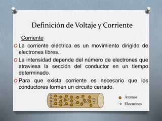 Definición de Voltaje y Corriente
Corriente
O La corriente eléctrica es un movimiento dirigido de
electrones libres.
O La intensidad depende del número de electrones que
atraviesa la sección del conductor en un tiempo
determinado.
O Para que exista corriente es necesario que los
conductores formen un circuito cerrado.
Átomos
Electrones
 