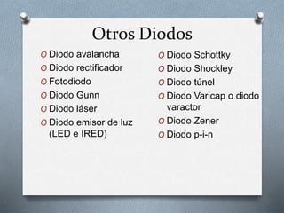 Otros Diodos
O Diodo avalancha
O Diodo rectificador
O Fotodiodo
O Diodo Gunn
O Diodo láser
O Diodo emisor de luz
(LED e IRED)
O Diodo Schottky
O Diodo Shockley
O Diodo túnel
O Diodo Varicap o diodo
varactor
O Diodo Zener
O Diodo p-i-n
 