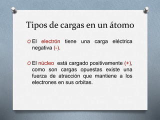 Tipos de cargas en un átomo
O El electrón tiene una carga eléctrica
negativa (-).
O El núcleo está cargado positivamente (+),
como son cargas opuestas existe una
fuerza de atracción que mantiene a los
electrones en sus orbitas.
 