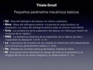 • Sd - Área del diafragma del altavoz, en metros cuadrados.
• Mms - Masa del diafragma+bobina, incluyendo la carga acústica, en
kilogramos. (La masa del diafragma+bobina solas se conoce como Mmd)
• Cms - La compliancia de la suspensión del altavoz, en metros por newton (el
recíproco de la ‘rigidez').
• RMS - La resistencia mecánica de la suspensión de un altavoz (es decir,
"capacidad de disipación ') en N · s / m
• Le - inductancia de la bobina de voz medido en milihenrios (mH) (dependiente
de la frecuencia, generalmente medido a 1 kHz).
• Re - Resistencia corriente continua del bobina, medida en ohms.
• Bl - El producto de la intensidad de campo del imán en el entrehierro y la
longitud del hilo en el campo magnético, en teslas-metros (T · m).
Thiele-Small
Pequeños parámetros mecánicos básicos
 