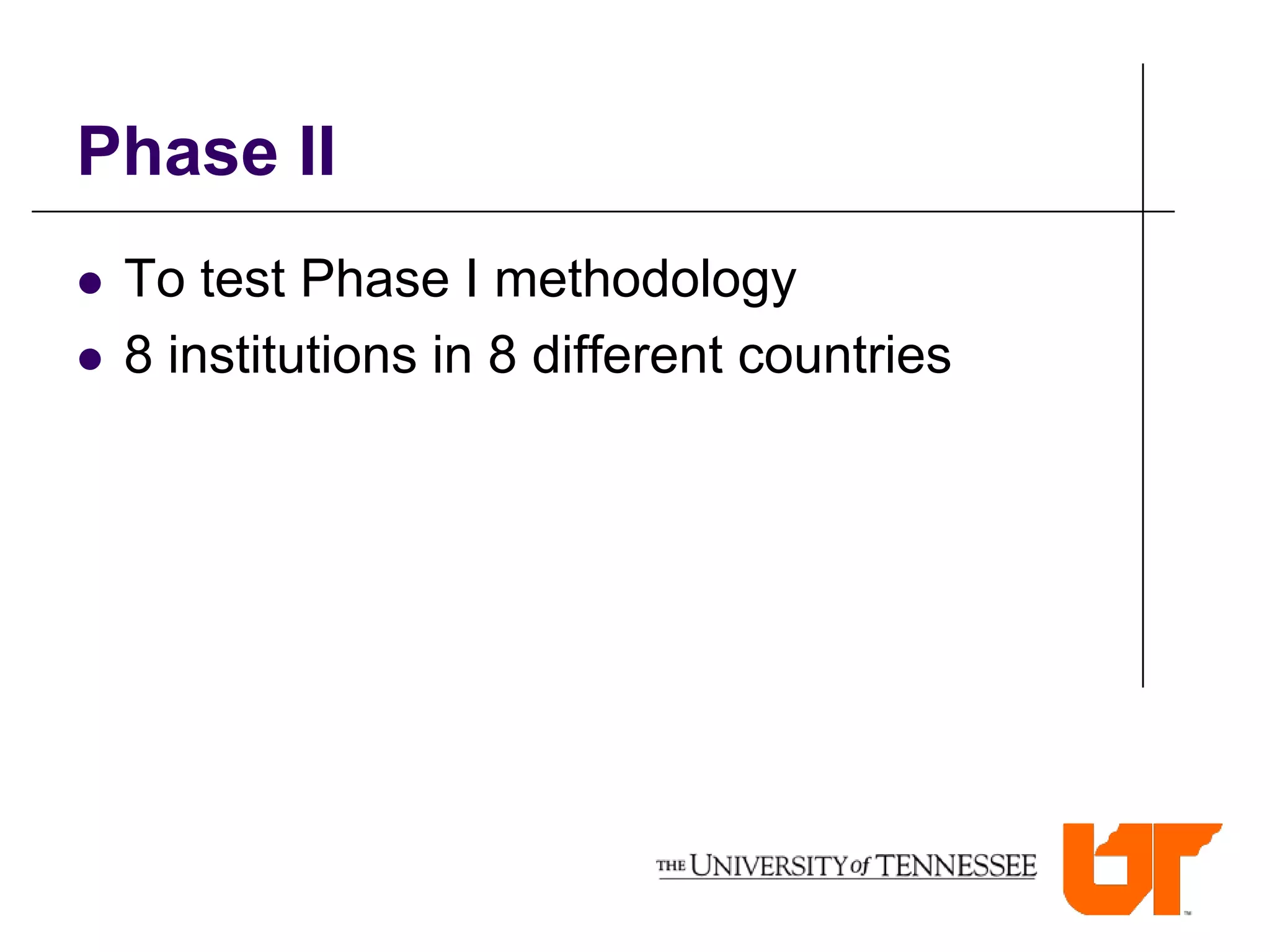 Phase II
   To test Phase I methodology
   8 institutions in 8 different countries
 