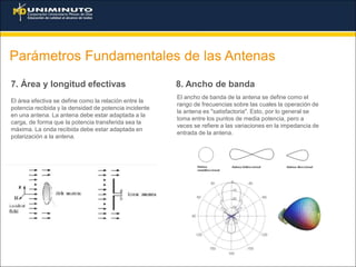 Parámetros Fundamentales de las Antenas
7. Área y longitud efectivas
El área efectiva se define como la relación entre la
potencia recibida y la densidad de potencia incidente
en una antena. La antena debe estar adaptada a la
carga, de forma que la potencia transferida sea la
máxima. La onda recibida debe estar adaptada en
polarización a la antena.
8. Ancho de banda
El ancho de banda de la antena se define como el
rango de frecuencias sobre las cuales la operación de
la antena es "satisfactoria". Esto, por lo general se
toma entre los puntos de media potencia, pero a
veces se refiere a las variaciones en la impedancia de
entrada de la antena.
 