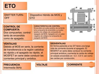 ETOEMITTERTURN-OFF Dispositivo hibrido de MOS y GTOCONTROL DE COMPUERTADos compuertas; control tanto de encendido como de apagado.CARACTERÍSTICA DE CONTROLEncendido con pulso positivo de corriente a la compuerta de encendido y un pulso positivo de voltaje a la compuerta de apagado del MOS. Apagado con un pulso negativo de voltaje a la compuerta de apagado del MOSVENTAJASDebido al MOS en serie, la corriente de transferencia a la región catódica es rápida y el apagado es rápido, el MOSFET en serie debe conducir las corrientes principal y anódica.  DESVENTAJASEn forma parecida a los GT tiene una larga cola de corriente durante el apagado. El MOSFET en serie debe conducir la corriente principal anódica y aumenta la caída de voltaje en estado encendido en  0.3 - 0.5 V, así como las caídas por conducción. CORRIENTEFRECUENCIAIntermedia 5kHzVOLTAJE
