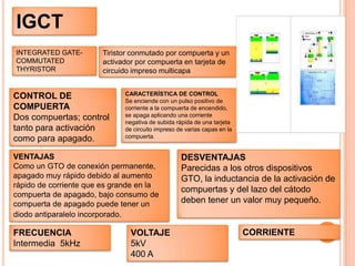 IGCTINTEGRATEDGATE-COMMUTATEDTHYRISTORTiristor conmutado por compuerta y un activador por compuerta en tarjeta de circuido impreso multicapaCONTROL DE COMPUERTADos compuertas; control tanto para activación como para apagado.CARACTERÍSTICA DE CONTROLSe enciende con un pulso positivo de corriente a la compuerta de encendido, se apaga aplicando una corriente negativa de subida rápida de una tarjeta de circuito impreso de varias capas en la compuerta.VENTAJASComo un GTO de conexión permanente, apagado muy rápido debido al aumento rápido de corriente que es grande en la compuerta de apagado, bajo consumo de compuerta de apagado puede tener un diodo antiparalelo incorporado.DESVENTAJASParecidas a los otros dispositivos GTO, la inductancia de la activación de compuertas y del lazo del cátodo deben tener un valor muy pequeño. CORRIENTEFRECUENCIAIntermedia  5kHzVOLTAJE5kV400 A