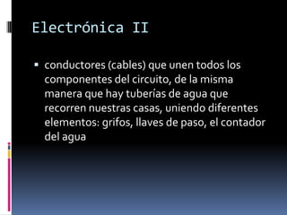 Electrónica IIconductores (cables) que unen todos los componentes del circuito, de la misma manera que hay tuberías de agua que recorren nuestras casas, uniendo diferentes elementos: grifos, llaves de paso, el contador del agua