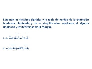 Elaborar los circuitos digitales y la tabla de verdad de la expresión
booleana planteada y de su simplificación mediante el álgebra
Booleana y los teoremas de D´Morgan
            ___        _
       _    _ _ _      _
1.- S= A+B*(B+C) +A*D +B

        _____       ____
          _     ___    _
2.- S=X(Y+X*Z)+XWZ(XY+Y)
 