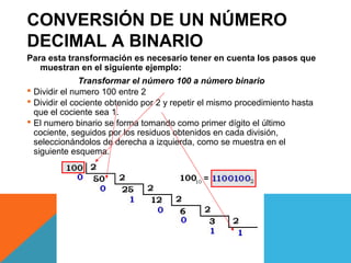 CONVERSIÓN DE UN NÚMERO
DECIMAL A BINARIO
Para esta transformación es necesario tener en cuenta los pasos que
muestran en el siguiente ejemplo:
Transformar el número 100 a número binario
 Dividir el numero 100 entre 2
 Dividir el cociente obtenido por 2 y repetir el mismo procedimiento hasta
que el cociente sea 1.
 El numero binario se forma tomando como primer dígito el último
cociente, seguidos por los residuos obtenidos en cada división,
seleccionándolos de derecha a izquierda, como se muestra en el
siguiente esquema.
 