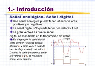 1.- Introducción Señal analógica. Señal digital Una señal analógica puede tener   infinitos valores, positivos y/o negativos. La señal digital sólo puede tener dos valores 1 o 0. La gran ventaja es que la señal digital es más fiable en la transmisión de datos. En el ejemplo, la señal digital  toma el valor 1 cuando supera  al valor  a , y toma valor 0   cuando  desciende por debajo del valor  b .  Cuando   la señal permanece entre  los valores  a  y  b , se   mantiene  con el valor anterior. 