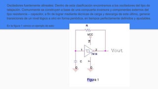 Osciladores fuertemente alineales: Dentro de esta clasificación encontramos a los osciladores del tipo de
relajación. Comunmente se construyen a base de una compuerta inversora y componentes externos del
tipo resistencia – capacitor, a fin de lograr mediante técnicas de carga y descarga de este último, generar
transiciones de un nivel lógico a otro en forma periódica, en tiempos perfectamente definidos y ajustables.
En la figura 1 vemos un ejemplo de esto:
 