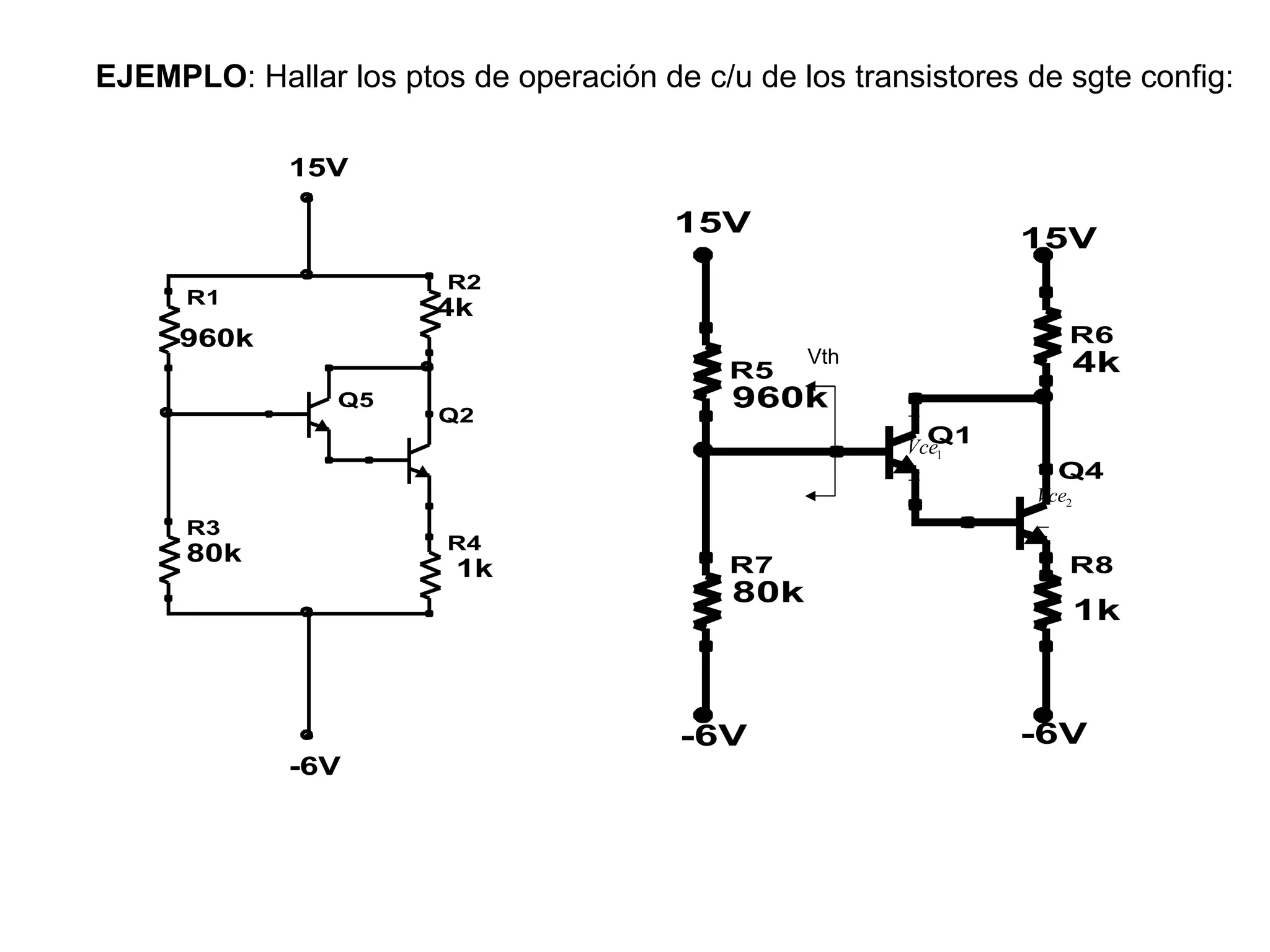 EJEMPLO : Hallar los ptos de operación de c/u de los transistores de sgte config: Vth 
