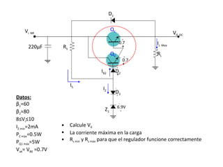 Datos: β 1 =60 β 2 =80 8≤V i ≤10 I Z mín =2mA P Z máx =0.5W P Q1 máx =5W V ak = V BE  =0.7V Calcule V 0 La corriente máxima en la carga R s mín  y R s máx  para que el regulador funcione correctamente V i  NR V 0  DC D 1 220 μ F R S R L I S I L   Max + - 6.9V  + - I Z Z 1 D 3 - + D 2 I B2 - + 0.7 - + 0.7 Q 1 Q 2 