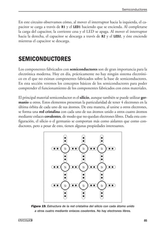 En este circuito observamos cómo, al mover el interruptor hacia la izquierda, el ca-
pacitor se carga a través de R1 y el LED1 haciendo que se encienda. Al completarse
la carga del capacitor, la corriente cesa y el LED se apaga. Al mover el interruptor
hacia la derecha, el capacitor se descarga a través de R2 y el LED2, y éste enciende
mientras el capacitor se descarga.
SEMICONDUCTORES
Los componentes fabricados con semiconductores son de gran importancia para la
electrónica moderna. Hoy en día, prácticamente no hay ningún sistema electróni-
co en el que no existan componentes fabricados sobre la base de semiconductores.
En esta sección veremos los conceptos básicos de los semiconductores para poder
comprender el funcionamiento de los componentes fabricados con estos materiales.
El principal material semiconductor es el silicio, aunque también se puede utilizar ger-
manio u otros. Estos elementos presentan la particularidad de tener 4 electrones en la
última órbita de cada uno de sus átomos. De esta manera, al unirse a otros electrones,
se forma una red cristalina con cada uno de sus átomos unido a otros cuatro átomos
mediante enlaces covalentes, de modo que no quedan electrones libres. Dada esta con-
figuración, el silicio o el germanio se comportan más como aislantes que como con-
ductores, pero a pesar de esto, tienen algunas propiedades interesantes.
Figura 19. Estructura de la red cristalina del silicio con cada átomo unido
a otros cuatro mediante enlaces covalentes. No hay electrones libres.
Semiconductores
85
Si Si Si
Si Si Si
Si Si Si
03_ElectronicaDigital.qxp 24/06/2008 15:44 Página 85
 