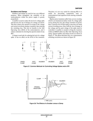 SMPSRM
www.onsemi.com
27
Snubbers and Clamps
Snubbers and clamps are used for two very different
purposes. When misapplied, the reliability of the
semiconductors within the power supply is greatly
jeopardized.
A snubber is used to reduce the level of a voltage spike
and decrease the rate of change of a voltage waveform.
This then reduces the amount of overlap of the voltage
and current waveforms during a transition, thus reducing
the switching loss. This has its benefits in the Safe
Operating Area (SOA) of the semiconductors, and it
reduces emissions by lowering the spectral content of any
RFI.
A clamp is used only for reducing the level of a voltage
spike. It has no affect on the dV/dt of the transition.
Therefore it is not very useful for reducing RFI. It is
useful for preventing components such as
semiconductors and capacitors from entering avalanche
breakdown.
Bipolar power transistors suffer from current crowding
which is an instantaneous failure mode. If a voltage spike
occurs during the turn-off voltage transition of greater
than 75 percent of its VCEO rating, it may have too much
current crowding stress. Here both the rate of change of
the voltage and the peak voltage of the spike must be
controlled. A snubber is needed to bring the transistor
within its RBSOA (Reverse Bias Safe Operating Area)
rating. Typical snubber and clamp circuits are shown in
Figure 27. The effects that these have on a representative
switching waveform are shown in Figure 28.
Figure 27. Common Methods for Controlling Voltage Spikes and/or RFI
ZENER
CLAMP
SOFT
CLAMP
SNUBBERSNUBBERSOFT
CLAMP
ZENER
CLAMP
Figure 28. The Effects of a Snubber versus a Clamp
SNUBBER
CLAMP
ORIGINAL
WAVEFORM
VOLTAGE(VOLTS)
t, TIME (μsec)
 