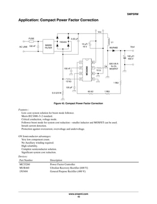 SMPSRM
www.onsemi.com
43
Application: Compact Power Factor Correction
MAINS
FILTER Vout
1
2
3
4
8
7
6
5
MC33260
100 nFAC LINE
FUSE 0.33 μF
1N5404
Vcc
100 nF
12 kW
120 pF
0.5 W/3 W
10 μF/
16 V
+
10 W
45 kW 1 MW
1 MW
L1
MUR460
500 V/8 A
N-Ch
MOSFET
100 μF/
450 V
+
Figure 43. Compact Power Factor Correction
Features :
Low-cost system solution for boost mode follower.
Meets IEC1000-3-2 standard.
Critical conduction, voltage mode.
Follower boost mode for system cost reduction - smaller inductor and MOSFET can be used.
Inrush current detection.
Protection against overcurrent, overvoltage and undervoltage.
ON Semiconductor advantages:
Very low component count.
No Auxiliary winding required.
High reliability.
Complete semiconductor solution.
Significant system cost reduction.
Devices:
Part Number Description
MC33260 Power Factor Controller
MUR460 Ultrafast Recovery Rectifier (600 V)
1N5404 General Purpose Rectifier (400 V)
 