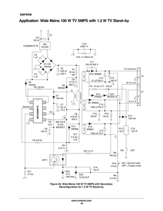 SMPSRM
www.onsemi.com
48
Application: Wide Mains 100 W TV SMPS with 1.3 W TV Stand-by
RFI
FILTER
C4
1 nF
D1-D4
1N5404
C5
220 mF
400 V
C6
47 nF
630 VD6
MR856
D7
1N4148
Isense
R11
47 kW
R2
10 W
Vcc
1
2
3
4
8
7
6
5
D14
MR856
D18 MR856
D9 MR852
D10
MR852
C11
220 pF/500 V
C15
1000 μF/16 V
C12
47 μF/250 V
R1
22 kW
5W
112 V/0.45 A
C19
2N2F-Y
R16 4.7 MW/4 kV
MC44608P75
R4 3.9 kW
R3
0.27 W
47283900 R F6
F1
C31
100 nF
Figure 46. Wide Mains 100 W TV SMPS with Secondary
Reconfiguration for 1.3 W TV Stand-by
C3
1 nF
R17
2.2 kW
5 W
C8
100 nF
R5 100 kW
1
2
8
7
6
11
10
9
D5
1N4007
OPT1
+ C7
22 mF
16 V
14
12
C13
100 nF
+
R7 47 kΩ C17 120 pF
C14
1000 μF/35 V
+
D12
1N4934
DZ1
MCR22-6
16 V/1.5 A
J3
J4
1
2
3
1
2
3
8 V/1 A
+
C9
470 pF
630 V
DZ3
10 V
1N4740A
DZ2
TL431CLP
C19
33 nF
R21 47 W
+
C16
100 pF
R19
18 kW
R9
100 kW
R10
10 kW
R12
1 kW
C18
100 nF
ON OFF
ON = Normal mode
OFF = Pulsed mode
D13
1N4148
R8
2.4 kW
600 V/6 A
N-CH
MOSFET
 