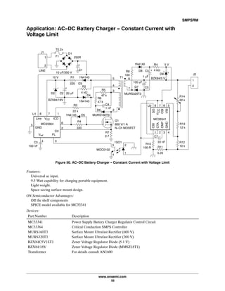 SMPSRM
www.onsemi.com
55
Application: AC-DC Battery Charger - Constant Current with
Voltage Limit
10 V R1
220
R6
47 k
R3
22 k
R4
330
1N4140 D5
Q1
600 V/1 A
N-Ch MOSFET
C3
100 nF
MURS160T3
MC33364
20 mF
1N4140
1N4140
D4
D3
4 3
2
R11
0.25
R10
100 R
33 nF
MC33341
D6
R12
10 k
R5
R13
12 k
2
1
5
+
D2
+
C4
1 nF
21 43
78 56
C7
47 k
3
R2
1N4140
D8R8
100
2
5
4
7
6
D7 C5
+100 mF
MURS320T3
C5
1 mF
R4 5 V
J1
LINE
2
1 F1
D1
C1
+
10 mF/350 V
J2
2
1
R14
22 k
6
178
D9
R7
2.7
U1
U2
GND
Vref
C3
VCCLine ICD
5
4
T1
BZX84/18V
C2
T0.2x
250R
BZX84/5 V
4 kW
MOC0102
1SO1
4 kW
CSI
CTA
CMP
GND
DO
CSI
VSI
CCV
FL
Figure 50. AC-DC Battery Charger - Constant Current with Voltage Limit
Features:
Universal ac input.
9.5 Watt capability for charging portable equipment.
Light weight.
Space saving surface mount design.
ON Semiconductor Advantages:
Off the shelf components
SPICE model available for MC33341
Devices:
Part Number Description
MC33341 Power Supply Battery Charger Regulator Control Circuit
MC33364 Critical Conduction SMPS Controller
MURS160T3 Surface Mount Ultrafast Rectifier (600 V)
MURS320T3 Surface Mount Ultrafast Rectifier (200 V)
BZX84C5V1LT1 Zener Voltage Regulator Diode (5.1 V)
BZX84/18V Zener Voltage Regulator Diode (MMSZ18T1)
Transformer For details consult AN1600
 