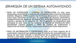 JERARQUÍA DE UN SISTEMA AUTOMATIZADO
• NIVEL DE SUPERVISIÓN Y CONTROL DE PRODUCCIÓN: En este nivel,
dispositivos automáticos y sistemas de monitoreo, tales como las Interfases
Hombre Máquina (HMI) proveen las funciones de control e intervención.
Entre estas funciones se incluyen la supervisión de diversos parámetros,
establecimiento de objetivos de producción, archivado histórico, puesta en
marcha y parada de la máquina, etc. Por lo general, los dispositivos más
utilizados en este nivel son los Sistemas de Control de Distribución (DCS,
Distribution Control System) y HMIs de Control de Supervisión y
Adquisición de Datos (SCADA, Supervisory Control and Data Acquisition).
• NIVEL DE INFORMACIÓN O EMPRESARIAL: Este es el nivel superior de la
automación industrial que gestiona todo el sistema de automatización. Las
tareas de este nivel incluyen la planificación de la producción, análisis de
clientes y mercados, compras y ventas, etc. Por lo tanto, se ocupa más de
las actividades comerciales y menos de los aspectos técnicos.
 