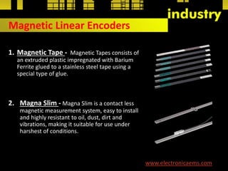 Magnetic Linear Encoders
1. Magnetic Tape - Magnetic Tapes consists of
an extruded plastic impregnated with Barium
Ferrite glued to a stainless steel tape using a
special type of glue.
2. Magna Slim - Magna Slim is a contact less
magnetic measurement system, easy to install
and highly resistant to oil, dust, dirt and
vibrations, making it suitable for use under
harshest of conditions.
www.electronicaems.com
 