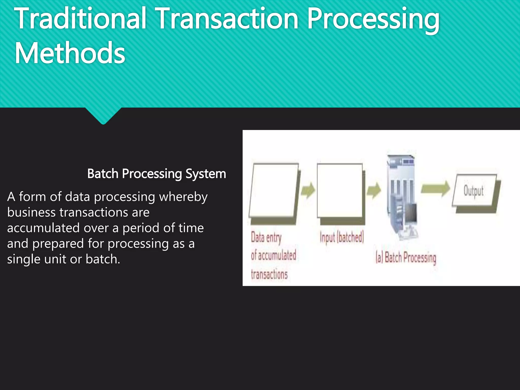 Traditional Transaction Processing
Methods
Batch Processing System
A form of data processing whereby
business transactions are
accumulated over a period of time
and prepared for processing as a
single unit or batch.
 