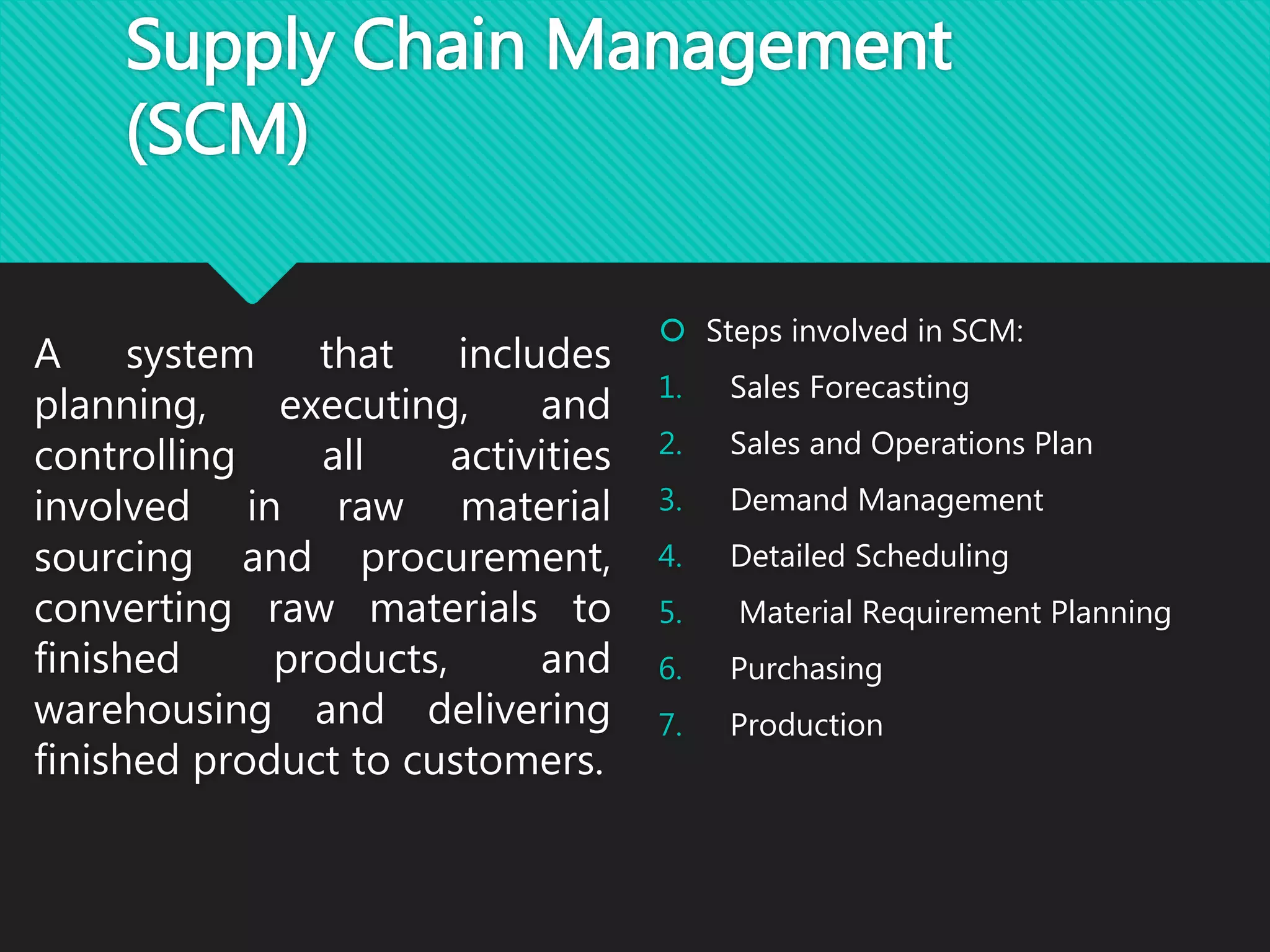Supply Chain Management
(SCM)
A system that includes
planning, executing, and
controlling all activities
involved in raw material
sourcing and procurement,
converting raw materials to
finished products, and
warehousing and delivering
finished product to customers.
 Steps involved in SCM:
1. Sales Forecasting
2. Sales and Operations Plan
3. Demand Management
4. Detailed Scheduling
5. Material Requirement Planning
6. Purchasing
7. Production
 
