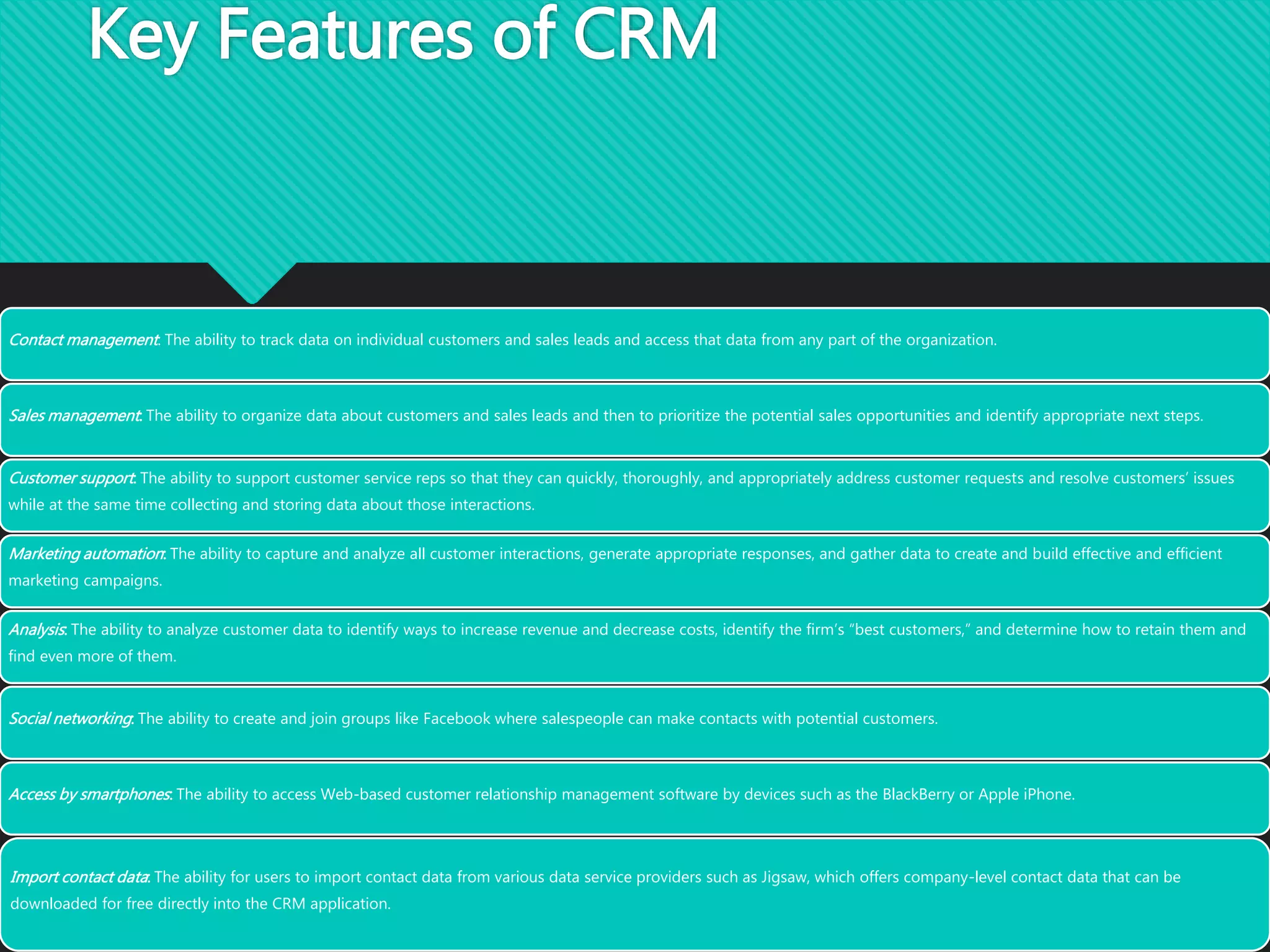 Key Features of CRM
Contact management: The ability to track data on individual customers and sales leads and access that data from any part of the organization.
Sales management: The ability to organize data about customers and sales leads and then to prioritize the potential sales opportunities and identify appropriate next steps.
Customer support: The ability to support customer service reps so that they can quickly, thoroughly, and appropriately address customer requests and resolve customers’ issues
while at the same time collecting and storing data about those interactions.
Marketing automation: The ability to capture and analyze all customer interactions, generate appropriate responses, and gather data to create and build effective and efficient
marketing campaigns.
Analysis: The ability to analyze customer data to identify ways to increase revenue and decrease costs, identify the firm’s “best customers,” and determine how to retain them and
find even more of them.
Social networking: The ability to create and join groups like Facebook where salespeople can make contacts with potential customers.
Access by smartphones: The ability to access Web-based customer relationship management software by devices such as the BlackBerry or Apple iPhone.
Import contact data: The ability for users to import contact data from various data service providers such as Jigsaw, which offers company-level contact data that can be
downloaded for free directly into the CRM application.
 