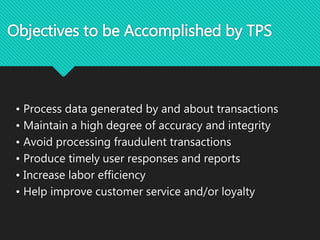 Objectives to be Accomplished by TPS
• Process data generated by and about transactions
• Maintain a high degree of accuracy and integrity
• Avoid processing fraudulent transactions
• Produce timely user responses and reports
• Increase labor efficiency
• Help improve customer service and/or loyalty
 