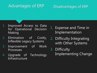 Advantages of ERP
1. Improved Access to Data
for Operational Decision
Making
2. Elimination of Costly,
Inflexible Legacy Systems
3. Improvement of Work
Processes
4. Upgrade of Technology
Infrastructure
Disadvantages of ERP
1. Expense and Time in
Implementation
2. Difficulty Integrating
with Other Systems
3. Difficulty
Implementing Change
 