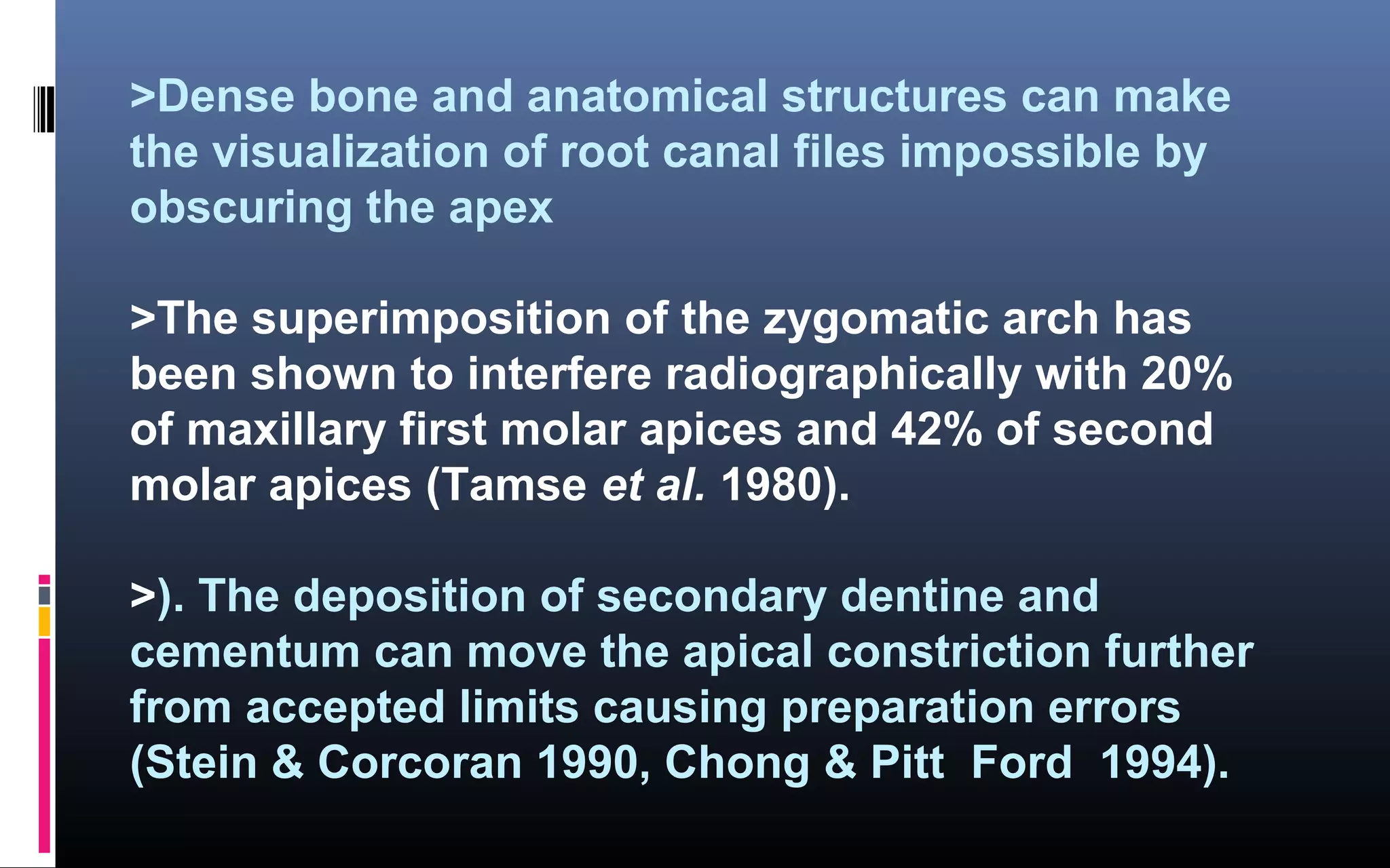 >Dense bone and anatomical structures can make
the visualization of root canal files impossible by
obscuring the apex
>The superimposition of the zygomatic arch has
been shown to interfere radiographically with 20%
of maxillary first molar apices and 42% of second
molar apices (Tamse et al. 1980).
>). The deposition of secondary dentine and
cementum can move the apical constriction further
from accepted limits causing preparation errors
(Stein & Corcoran 1990, Chong & Pitt Ford 1994).
 