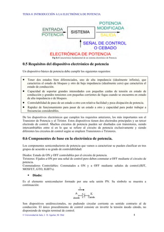 TEMA 0: INTRODUCCIÓN A LA ELECTRÓNICA DE POTENCIA
© Universidad de Jaén; J. D. Aguilar; M. Olid 4
Fig 0.4 Característica fundamental de un sistema electrónico de Potencia
0.5 Requisitos del dispositivo electrónico de potencia
Un dispositivo básico de potencia debe cumplir los siguientes requisitos:
• Tener dos estados bien diferenciados, uno de alta impedancia (idealmente infinita), que
caracteriza el estado de bloqueo y otro de baja impedancia (idealmente cero) que caracteriza el
estado de conducción.
• Capacidad de soportar grandes intensidades con pequeñas caídas de tensión en estado de
conducción y grandes tensiones con pequeñas corrientes de fugas cuando se encuentra en estado
de alta impedancia o de bloqueo.
• Controlabilidad de paso de un estado a otro con relativa facilidad y poca disipación de potencia.
• Rapidez de funcionamiento para pasar de un estado a otro y capacidad para poder trabajar a
frecuencias considerables.
De los dispositivos electrónicos que cumplen los requisitos anteriores, los más importantes son el
Transistor de Potencia y el Tiristor. Estos dispositivos tienen dos electrodos principales y un tercer
electrodo de control. Muchos circuitos de potencia pueden ser diseñados con transistores, siendo
intercambiables entre sí en lo que se refiere al circuito de potencia exclusivamente y siendo
diferentes los circuitos de control según se empleen Transistores o Tiristores.
0.6 Componentes de base en la electrónica de potencia.
Los componentes semiconductores de potencia que vamos a caracterizar se pueden clasificar en tres
grupos de acuerdo a su grado de controlabilidad:
Diodos: Estado de ON y OFF controlables por el circuito de potencia.
Tiristores: Fijados a ON por una señal de control pero deben conmutar a OFF mediante el circuito de
potencia.
Conmutadores Controlables: Conmutados a ON y a OFF mediante señales de control.(BJT,
MOSFET, GTO, IGBT's).
ƒ Diodo:
Es el elemento semiconductor formado por una sola unión PN. Su símbolo se muestra a
continuación:
Son dispositivos unidireccionales, no pudiendo circular corriente en sentido contrario al de
conducción. El único procedimiento de control consiste en invertir la tensión ánodo cátodo, no
disponiendo de ningún terminal de control.
 