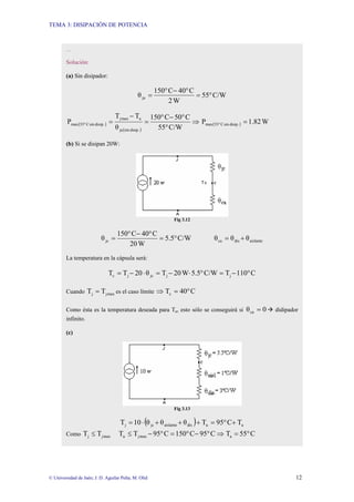 TEMA 3: DISIPACIÓN DE POTENCIA
© Universidad de Jaén; J. D. Aguilar Peña; M. Olid 12
…
Solución:
(a) Sin disipador:
C/W
55
W
2
C
40
C
150
θja °
=
°
−
°
=
( )
( )
⇒
°
°
−
°
=
−
=
°
C/W
55
C
50
C
150
θ
T
T
P
.
disip
sin
ja
a
max
j
.
disip
sin
C
55
max ( ) W
1.82
P .
disip
sin
C
55
max =
°
(b) Si se disipan 20W:
Fig 3.12
C/W
5.5
W
20
C
40
C
150
θjc °
=
°
−
°
= aislante
dis
ca θ
θ
θ +
=
La temperatura en la cápsula será:
C
110
T
C/W
5.5
W
20
T
θ
20
T
T j
j
jc
j
c °
−
=
°
⋅
−
=
⋅
−
=
Cuando max
j
j T
T = es el caso límite C
40
Tc °
=
⇒
Como ésta es la temperatura deseada para Ta, esto sólo se conseguirá si 0
θca = Æ didipador
infinito.
(c)
Fig 3.13
( ) a
a
dis
aislante
jc
j T
C
95
T
θ
θ
θ
10
T +
°
=
+
+
+
⋅
=
Como max
j
j T
T ≤ ⇒
°
−
°
=
°
−
≤ C
95
C
150
C
95
T
T max
j
a C
55
Ta °
=
 