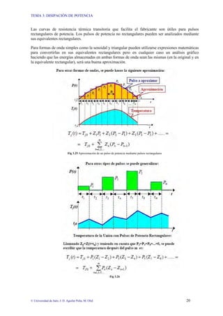 TEMA 3: DISIPACIÓN DE POTENCIA
© Universidad de Jaén; J. D. Aguilar Peña; M. Olid 20
Las curvas de resistencia térmica transitoria que facilita el fabricante son útiles para pulsos
rectangulares de potencia. Los pulsos de potencia no rectangulares pueden ser analizados mediante
sus equivalentes rectangulares.
Para formas de onda simples como la senoidal y triangular pueden utilizarse expresiones matemáticas
para convertirlas en sus equivalentes rectangulares pero en cualquier caso un análisis gráfico
haciendo que las energías almacenadas en ambas formas de onda sean las mismas (en la original y en
la equivalente rectangular), será una buena aproximación.
Fig 3.25 Aproximación de un pulso de potencia mediante pulsos rectangulares
Fig 3.26
 