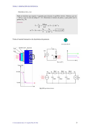 TEMA 3: DISIPACIÓN DE POTENCIA
© Universidad de Jaén; J. D. Aguilar Peña; M. Olid 21
PROBLEMA 3.8
Visita el tutorial interactivo de electrónica de potencia
www.ipes.ethz.ch
Fig 3.29 Equivalente térmico
Dado un transistor que requiere 3 segundos para alcanzar el equilibrio térmico. Sabemos que ton
= 100 µs y que el ciclo de trabajo D = 0.5. Determinar el número de pulsos, n para poder usar la
gráfica r(ton, D).
Solución:
s
10
2
T
0.5
µs
100
D
t
T 4
on −
⋅
=
⇒
=
=
⇒
⋅
=
=
→
=
⋅ −
s
10
2
s
3
T
s
3
n
s
3
T
n 4
4
10
1.5
n ⋅
=
 