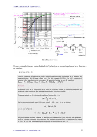 TEMA 3: DISIPACIÓN DE POTENCIA
© Universidad de Jaén; J. D. Aguilar Peña; M. Olid 22
Fig 3.30 Impedancia térmica
Un nuevo ejemplo ilustrará mejor el cálculo de Tj al aplicar un tren de impulsos de larga duración a
un transistor.
PROBLEMA 3.9
Dada la curva de la impedancia térmica transitoria normalizada en función de la anchura del
pulso aplicado y del ciclo de trabajo (r(ton, D)) del transistor 2N3716, Fig. 3.27, encontrar el
máximo valor que alcanzará la temperatura de la unión al aplicar un tren de impulsos
Datos: Pd = 40W; ton = 10ms; T = 50ms; Tc = 50ºC; Rjc = 1.17ºC/W
Solución:
El máximo valor de la temperatura de la unión se alcanzará cuando el número de impulsos sea
suficiente como para dejar que la temperatura alcance el régimen estable.
Se puede calcular el ciclo de trabajo mediante la expresión E3.20
⇒
=
T
t
D on
0.2
D =
De la curva suministrada por el fabricante para D = 0.2 y ton = 10 ms se obtiene:
( ) 0.56
D
,
t
r on =
con lo cual la Tj será:
( ) ⇒
⋅
⋅
+
= d
jc
on
c
j P
R
D
,
t
r
T
T °
= 76.2
Tj
Se podría haber utilizado también el principio de superposición, para resolver este problema,
pero los cálculos son largos. No tendremos más remedio que aplicarlo si el fabricante sólo nos da
la curva de r(t) / ton para un solo pulso de potencia correspondiente a D = 0.
 