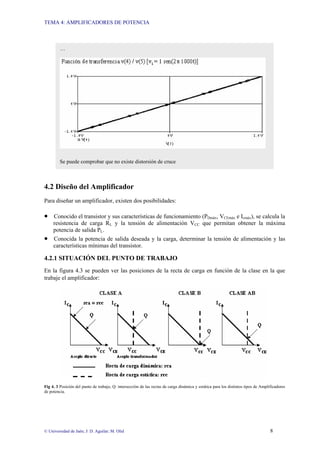 TEMA 4: AMPLIFICADORES DE POTENCIA
© Universidad de Jaén; J: D. Aguilar; M. Olid 8
4.2 Diseño del Amplificador
Para diseñar un amplificador, existen dos posibilidades:
• Conocido el transistor y sus características de funcionamiento (PDmáx, VCEmáx e Icmáx), se calcula la
resistencia de carga RL y la tensión de alimentación VCC que permitan obtener la máxima
potencia de salida PL.
• Conocida la potencia de salida deseada y la carga, determinar la tensión de alimentación y las
características mínimas del transistor.
4.2.1 SITUACIÓN DEL PUNTO DE TRABAJO
En la figura 4.3 se pueden ver las posiciones de la recta de carga en función de la clase en la que
trabaje el amplificador:
Fig 4. 3 Posición del punto de trabajo, Q: intersección de las rectas de carga dinámica y estática para los distintos tipos de Amplificadores
de potencia.
…
Se puede comprobar que no existe distorsión de cruce
 