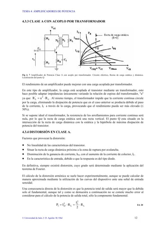 TEMA 4: AMPLIFICADORES DE POTENCIA
© Universidad de Jaén; J: D. Aguilar; M. Olid 12
4.3.3 CLASE A CON ACOPLO POR TRANSFORMADOR
Fig 4. 7 Amplificador de Potencia Clase A con acoplo por transformador. Circuito eléctrico, Rectas de carga estática y dinámica.
Localización del punto Q
El rendimiento de un amplificador puede mejorar con una carga acoplada por transformador.
En este tipo de amplificador, la carga está acoplada al transistor mediante un transformador, esto
hace posible adaptar impedancias únicamente variando la relación de espiras del transformador, "a"
ya que: L
2
'
L R
a
R ⋅
= . Al mismo tiempo, el transformador impide que la corriente continua circule
por la carga, eliminando la disipación de potencia que en el caso anterior se producía debido al paso
de la corriente, IC a través de la carga, provocando que el rendimiento pueda ser más elevado (≤
50%).
Si se supone ideal el transformador, la resistencia de los arrollamientos para corriente continua será
nula, por lo que la recta de carga estática será una recta vertical. El punto Q esta situado en la
intersección de la recta de carga dinámica con la estática y la hipérbola de máxima disipación de
potencia del transistor.
4.3.4 DISTORSIÓN EN CLASE A.
Factores que provocan la distorsión:
• No linealidad de las características del transistor.
• Situar la recta de carga dinámica próxima a la zona de ruptura por avalancha.
• Disminución de la ganancia de corriente, hFE con el aumento de la corriente de colector, IC.
• En la característica de entrada, debido a que la respuesta es del tipo diodo.
En definitiva, siempre existirá distorsión, cuyo grado será determinado mediante la aplicación del
teorema de Fourier.
El cálculo de la distorsión armónica se suele hacer experimentalmente, aunque se puede calcular de
manera aproximada mediante la utilización de las curvas del dispositivo ante una señal de entrada
senoidal.
Una consecuencia directa de la distorsión es que la potencia total de salida será mayor que la debida
solo al fundamental, aunque tal y como se demuestra a continuación no se comete mucho error al
considerar para el cálculo de la potencia de salida total, sólo la componente fundamental.
L
2
1
L
2
ef
1 R
2
I
R
I
P ⋅
=
⋅
= E4. 20
 