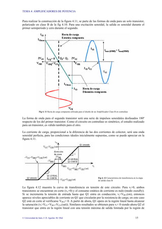 TEMA 4: AMPLIFICADORES DE POTENCIA
© Universidad de Jaén; J: D. Aguilar; M. Olid 15
Para realizar la construcción de la figura 4.11, se parte de las formas de onda para un solo transistor,
polarizado en clase B de la fig 4.10. Para una excitación senoidal, la salida es senoidal durante el
primer semiperiodo y cero durante el segundo.
Fig 4. 11 Recta de carga compuesta utilizada para el diseño de un Amplificador Clase B en contrafase
La forma de onda para el segundo transistor será una serie de impulsos senoidales desfasados 180º
respecto de los del primer transistor. Como el circuito en contrafase es simétrico, el estudio realizado
para un transistor, es válido también para el otro.
La corriente de carga, proporcional a la diferencia de las dos corrientes de colector, será una onda
senoidal perfecta, para las condiciones ideales inicialmente supuestas, como se puede apreciar en la
figura 4.11.
Fig 4. 12 Característica de transferencia en la etapa
de salida clase B
La figura 4.12 muestra la curva de transferencia en tensión de este circuito. Para vi=0, ambos
transistores se encuentran en corte (vo=0) y el consumo estático de corriente es nulo (modo standby).
Si se incrementa la tensión de entrada hasta que Q1 entra en conducción, vi>VBE1(on), entonces
aparece niveles apreciables de corriente en Q1 que circularán por la resistencia de carga; en este caso
Q2 está en corte al verificarse VBE2> 0. A partir de ahora, Q1 opera en la región lineal hasta alcanzar
la saturación (vi>VCC+VBE1-VCE1(sat)). Similares resultados se obtienen para vi< 0 siendo ahora Q2 el
transistor que entra en la región lineal con una tensión máxima de salida limitada por la región de
 